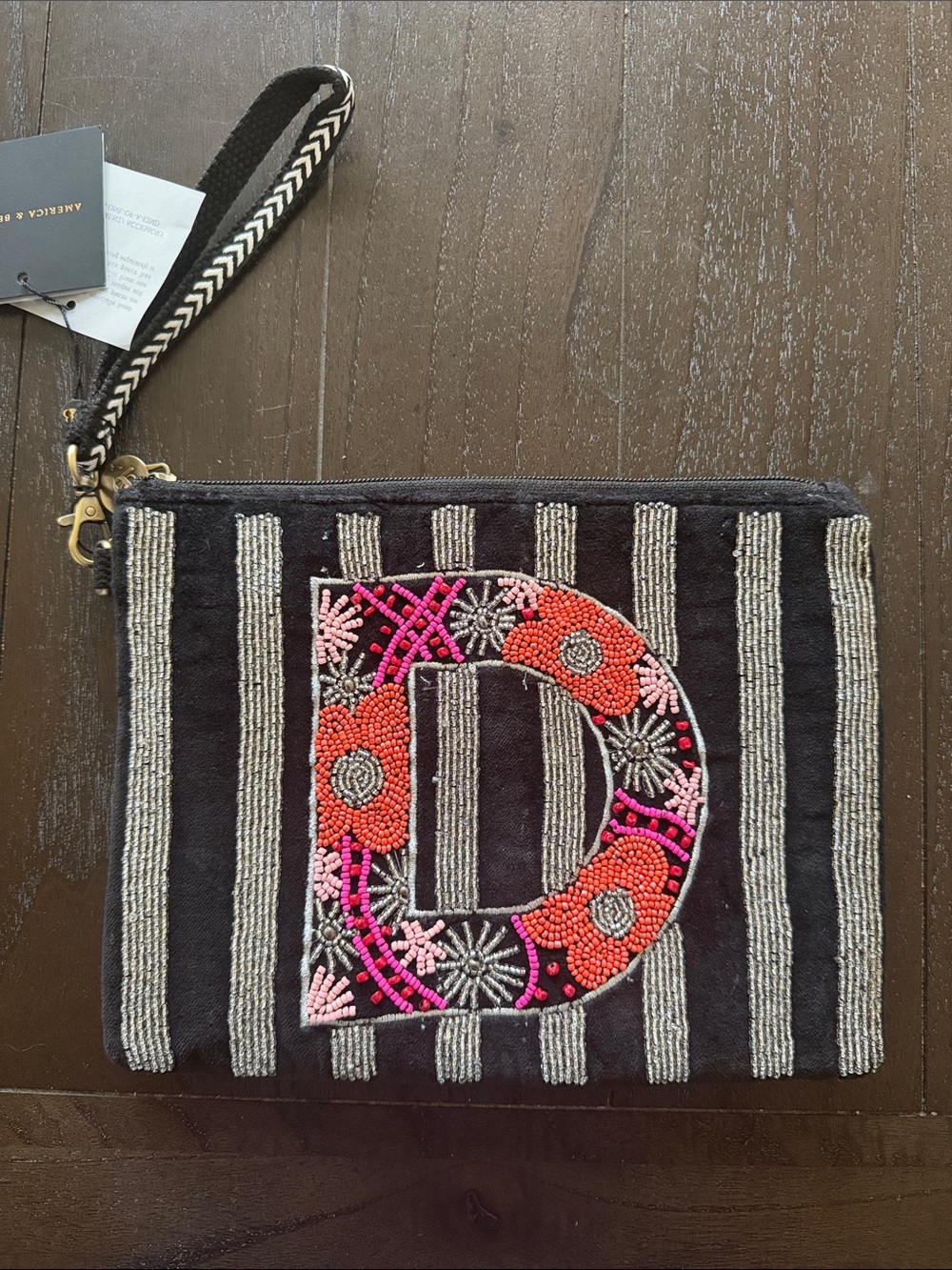 Embroidered 'D' Beaded Wristlet Clutch - Black & Pink